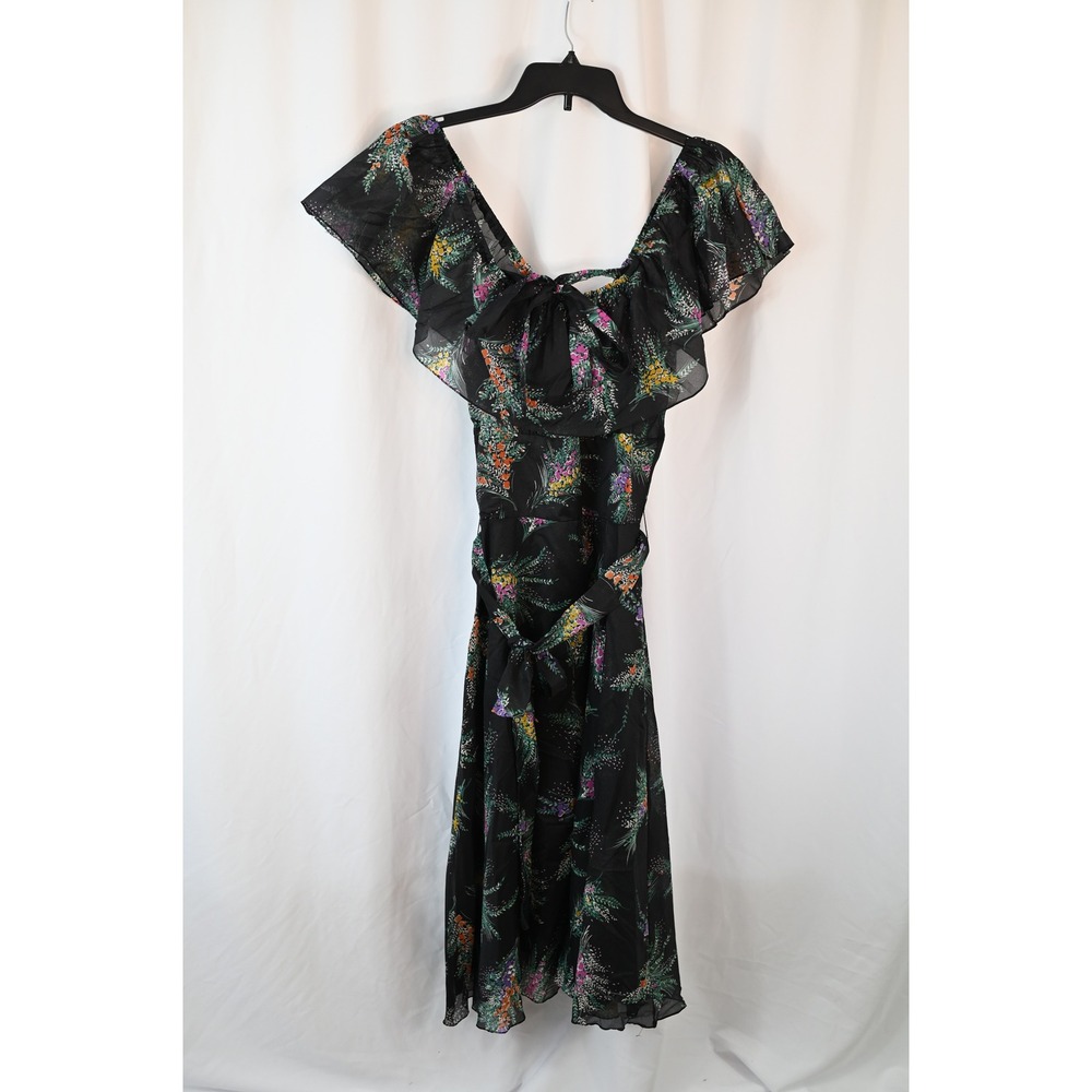 Vintage Black Floral Flutter Sleeve Midi Dress Off Shoulder Ruffle Tie Waist